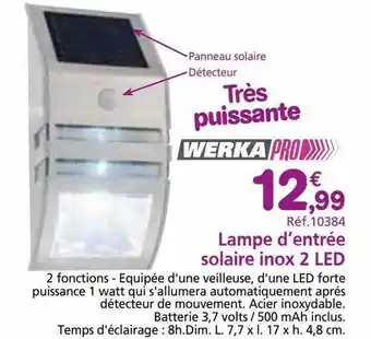 Provence Outillage Lampe d'entrée solaire inox 2 led werka pro offre