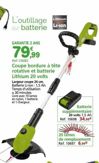 Provence Outillage Coupe bordure à tête rotative et batterie lithium 20 volts offre