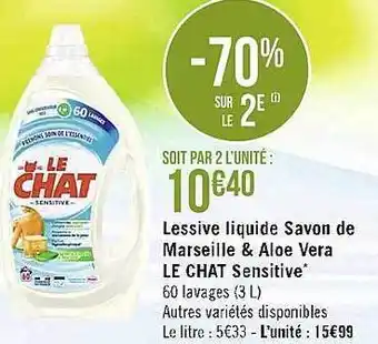 Casino Supermarchés Lessive liquide savon de marseille & aloe vera le chat sensitive offre