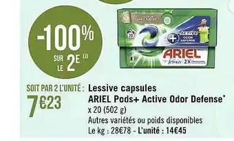 Géant Casino Lessive capsules ariel pods+ active odor défense offre