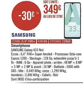 Géant Casino Smartphone samsung galaxy a33 noir offre