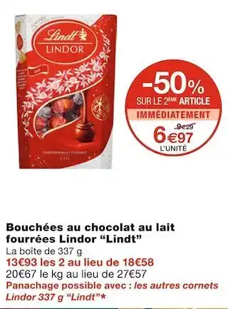 Lindt bouchées au chocolat au lait fourrées lindor lindt