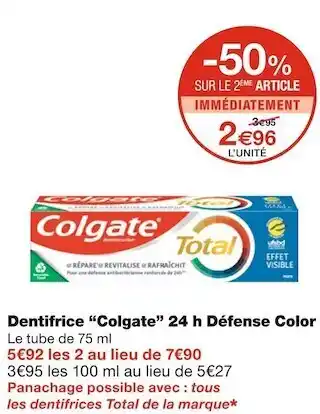 Monoprix Colgate dentifrice 24 h défense color offre