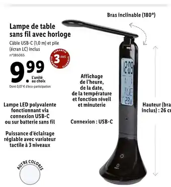 Lidl Lampe De TABLE Sans Fil Avec Horloge offre