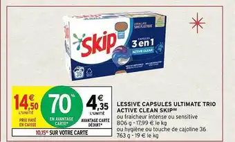 Intermarché Lessive capsules ultimate trio active clean skip offre
