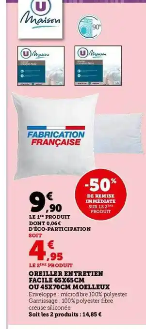 Super U Oreiller entretien facile 65 x 65 cm ou 45 x 70 cm moelleux u maison offre