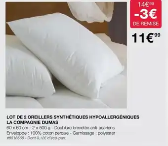 Costco Lot de Oreillers Synthétique Hypoallergéniques La Compagnie Dumas offre