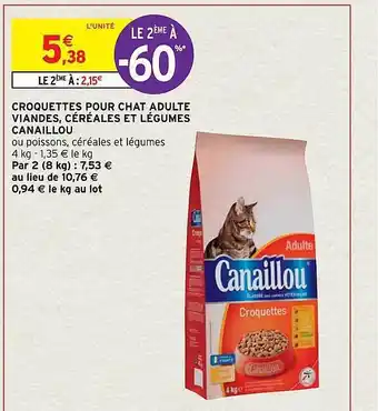 Intermarché Croquettes pour chat adulte viandes, céréales et légumes canaillou offre