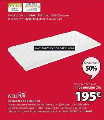 JYSK Surmatelas gold t50 wellpur offre