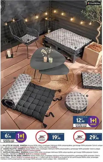 Intermarché Hyper Galette de chaise domédia, assise palette domédia, matelas roulable domédia, coussin de sol rond domédia offre