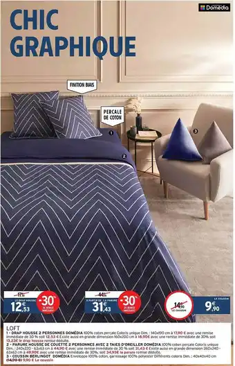 Intermarché Drap housse 2 personnes domédia, parure housse de couette 2 personnes avec 2 taies d'oreiller domédia, coussin berlingot domé offre