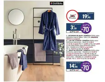 Intermarché Peignoir de bain domédia, lot de 2 gants domédia, drap de douche domédia offre