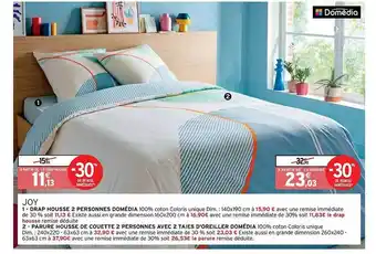 Intermarché Drap housse 2 personnes domédia, parure housse de couette 2 personnes avec 2 taies d'oreiller domédia offre