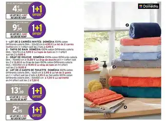 Intermarché Lot de 2 carrés invités domédia, tapis de bain domédia, drap de douche domédia, lot de 2 gants de toilette domédia offre