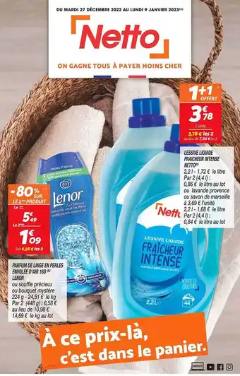 Parfum de linge en perles envolée d'air 16d lenor, lessive liquide fraîcheur intense netto