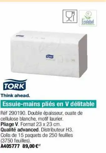 Essuie-mains pliés en v délitable tork