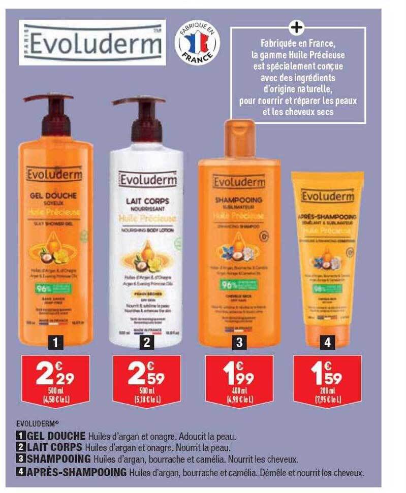 Promo Gel douche evoluderm, lait corps evoluderm, shampooing evoluderm