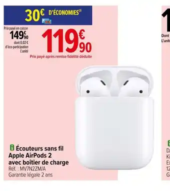 Carrefour Ecouteurs Sans Fil Apple Airpods 2 Avec Boitier de charge offre