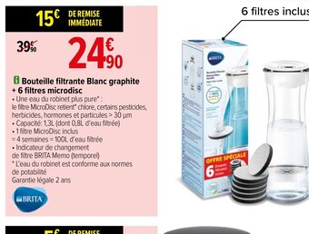 Carrefour Bouteille Filtrante Blanc Graphite +6 Filtres Microdisc offre
