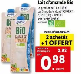 Lidl Lait d'amande bio envia offre