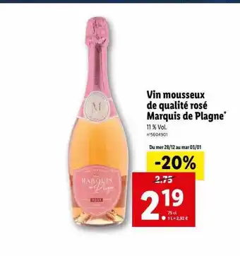 Lidl Vin mousseux de qualité rosé marquis de plagne offre