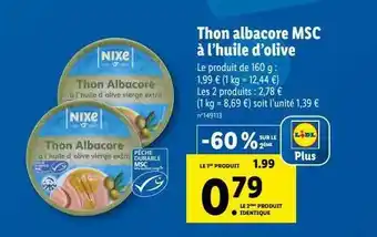 Lidl Thon albacore msc à l'huile d'olive nixe offre