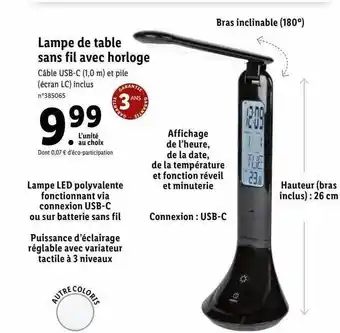 Lidl Lampe de table sans fil avec horloge offre