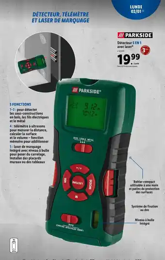 Lidl Détecteur 5 en 1 avec laser parkside offre