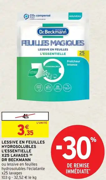 Intermarché Hyper Lessive en feuilles hydrosoluble l'essentielle X25 lavages DR BECKMANN offre