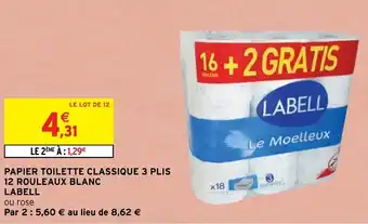 Intermarché Hyper Papier toilette classique 3 plis 12 rouleaux blanc LABELL offre
