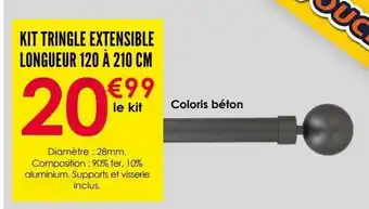 Kit tringle extensible gris béton embouts boules 120 - 210 cm