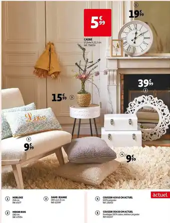 Auchan Cadre, horloge, miroir bois, dame-jeanne, coussin 45 x 45 cm actuel, coussin 30 x 50 cm actuel offre