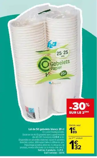 Carrefour Lot de 50 gobelets blancs 20 cl offre
