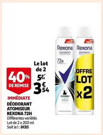 Auchan Déodorant atomiseur rexona 72h 40% de remise immédiate offre