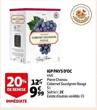 Auchan Ipg pays d'oc hve pierre chanau cabernet sauvignon rouge 20% de remise immédiate offre