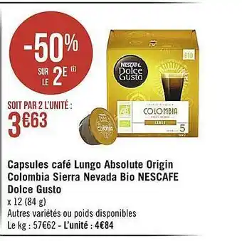 Casino Supermarchés Capsules café lungo absolute origin colombia sierra nevada bio nescafé dolce gusto offre