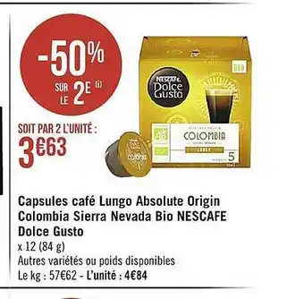 Géant Casino Capsules café lungo absolute origin colombia sierra nevada bio nescafe dolce gusto offre