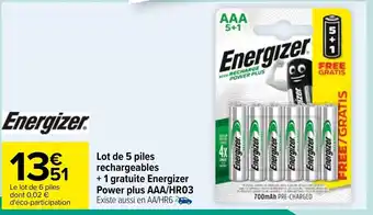 Carrefour Energizer Lot de 15 Piles Rechargeables +1 Gratuite Power Plus AAA/HR03 offre