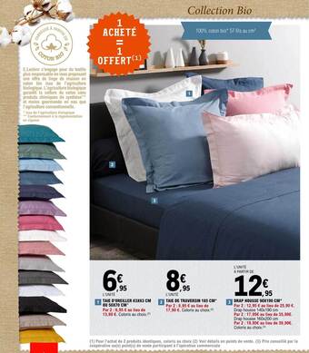 E.Leclerc Taie d'oreiller 63 x 63 cm ou 50 x 70 cm, taie de traversin 185 cm, drap housse 90 x 190 cm offre