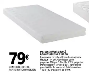 E.Leclerc Matelas mousse roulé déhoussable 90 x 190 cm offre