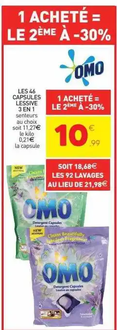 Stokomani Les 46 capsules lessive 3 en 1 omo offre