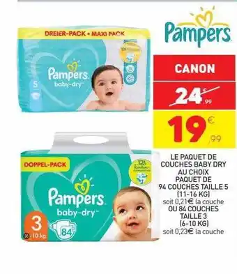 Stokomani Le paquet de couches baby dry au choix paquet de 94 couches taille 5 (11-16 kg) ou 84 couches taille 3 (6-10 kg) pampers offre