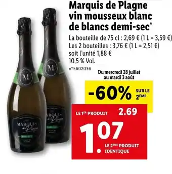 Lidl Marquis de plagne vin mousseux blanc de blancs demi-sec offre