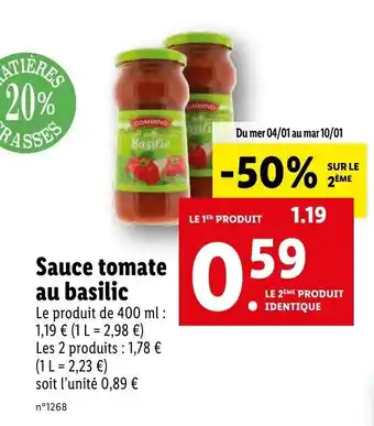 Lidl Sauce tomate au basilic offre