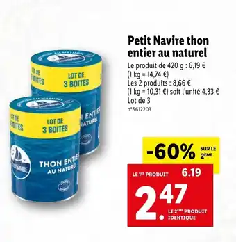 Lidl Petit navire thon entier au naturel offre