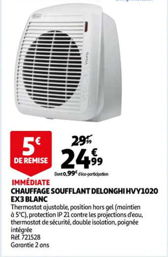 Auchan Chauffage soufflant Delonghi HVY1020 Ex3 Blanc offre