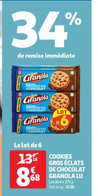 Auchan Supermarché Cookies Gros Eclats de chocolat Granola Lu offre