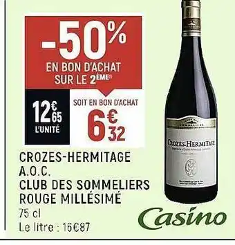 Spar Crozes-hermitage a.o.c. club des sommeliers rouge millésimé offre