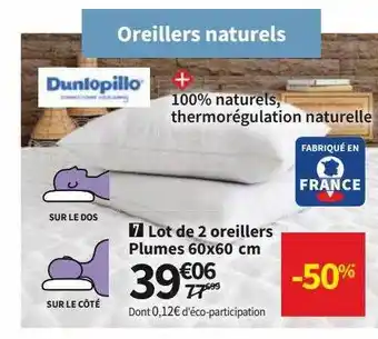 Conforama Dunlopillo lot de 2 oreillers plumes offre