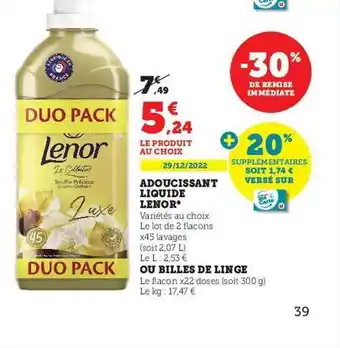 Adoucissant liquide lenor ou billes de linge